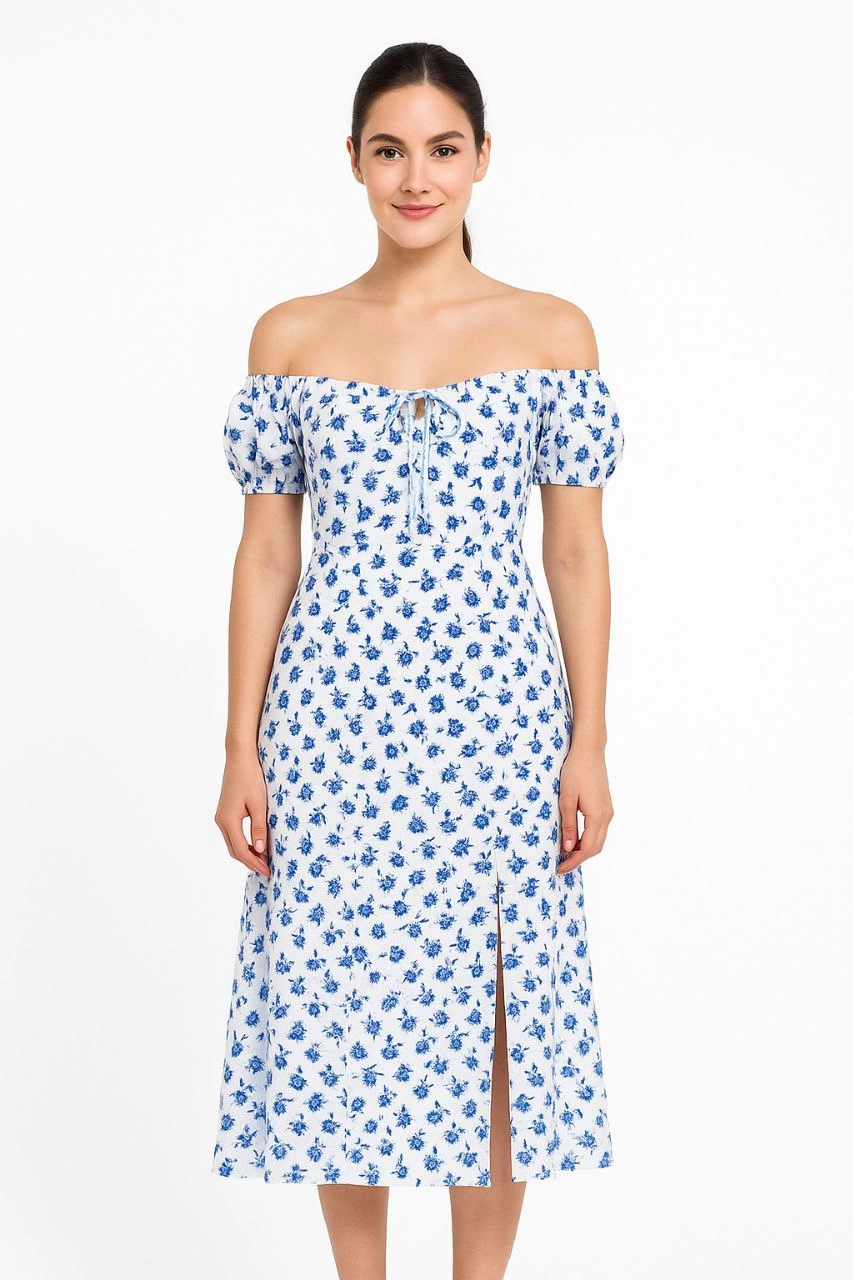 Venlora Bardot Omuzu Acık Çiçek Desenli Elbise - Desenli