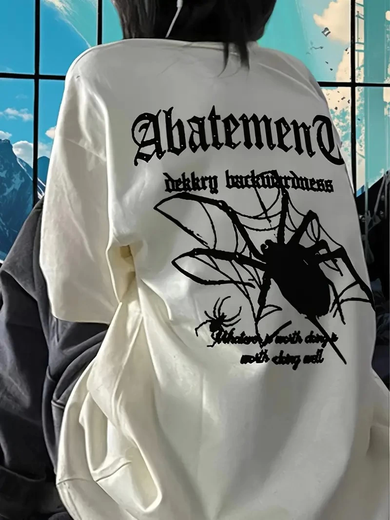 Örümcek Ağı Desenli Baskılı Oversize Bisiklet Yaka T-shirt - Beyaz