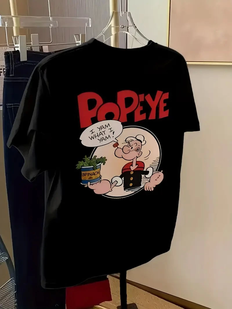 Erkek Oversize Tişörtü Popeye the Sailor Retro Vintage Ispanak | Hediye olarak idealdir, farklı boyutları mevcuttur. - Siyah