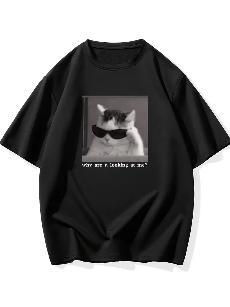 "Neden Bana Bakıyorsun?" Komik Kedi Grafik Tişört - Dijital Baskılı Siyah Bol Kesim Streetwear Tişört, Erkekler için Dört Mevsim Günlük Gömlek - Siyah