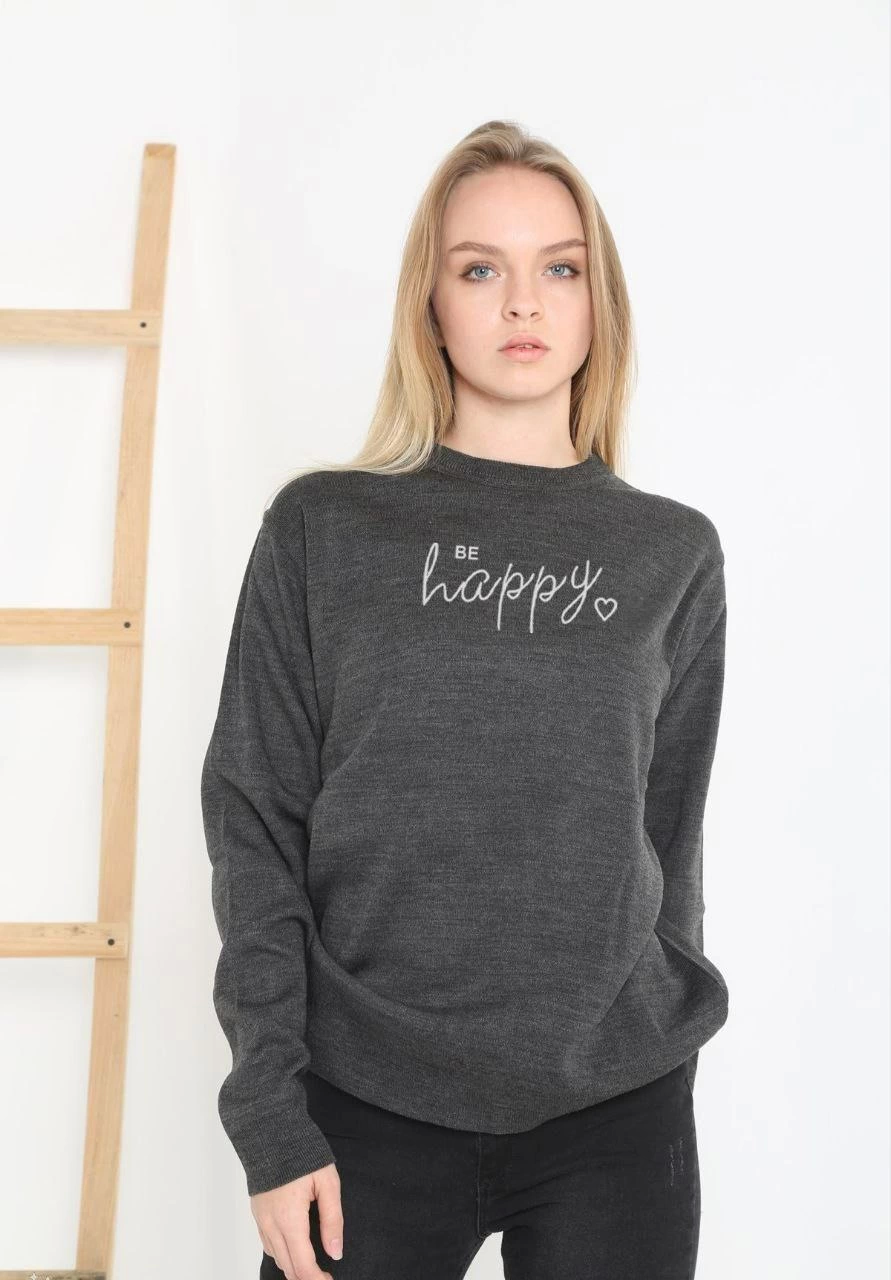 Venlora Baskılı Uzun Kol Yarım Boğazlı Dokuma Triko - Füme