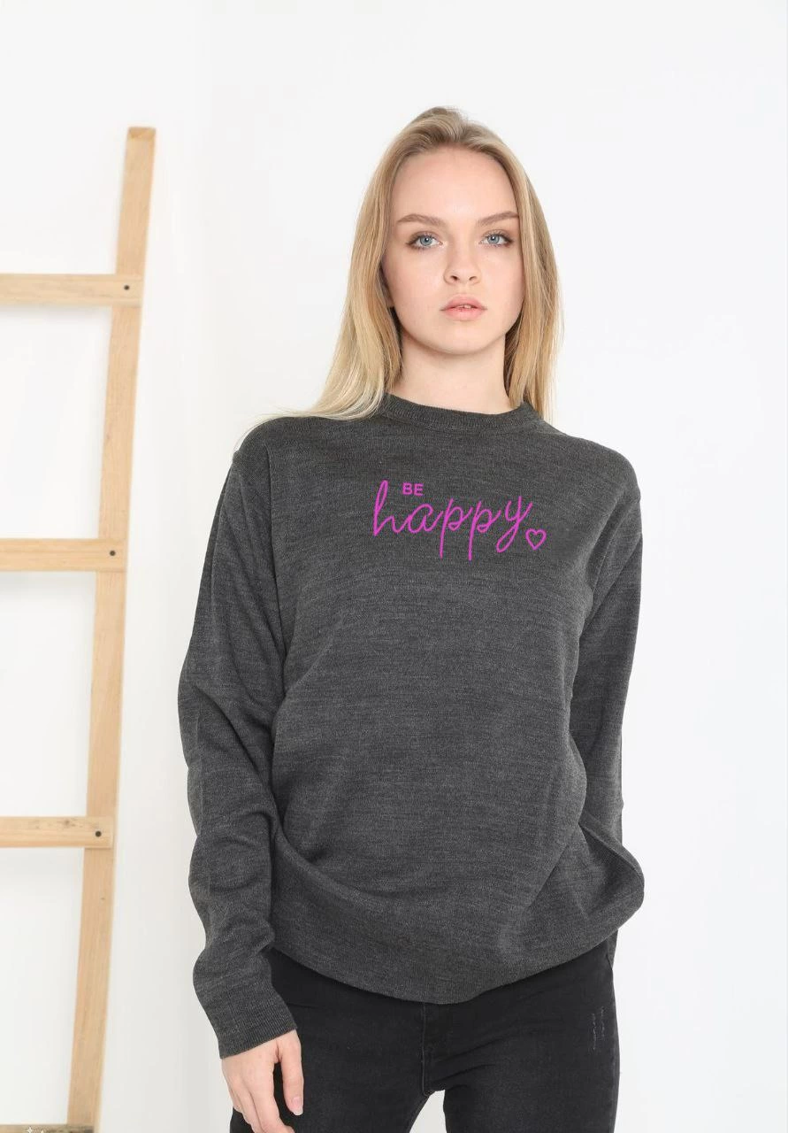 Venlora Baskılı Uzun Kol Yarım Boğazlı Dokuma Triko - Füme