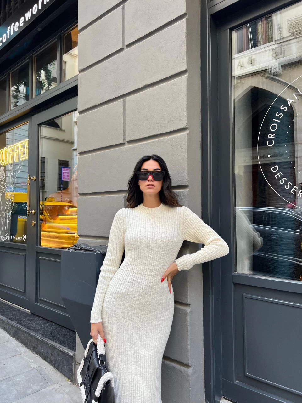 Venlora Bisiklet Yaka Fitilli Uzun Elbise - Beyaz