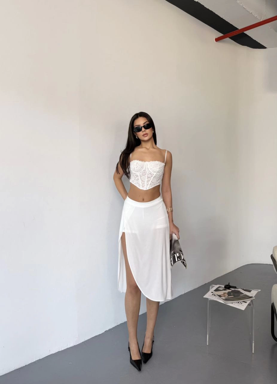 Venlora Çepli Şortlu Yırtmaçlı Etek - Beyaz