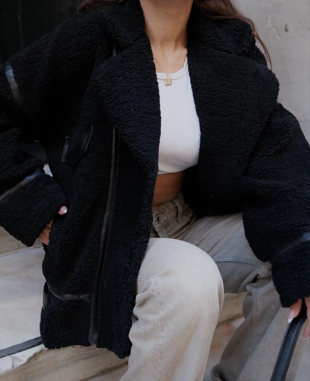 Venlora Cıt Cıt Detaylı Peluş Mont Ceket - Siyah
