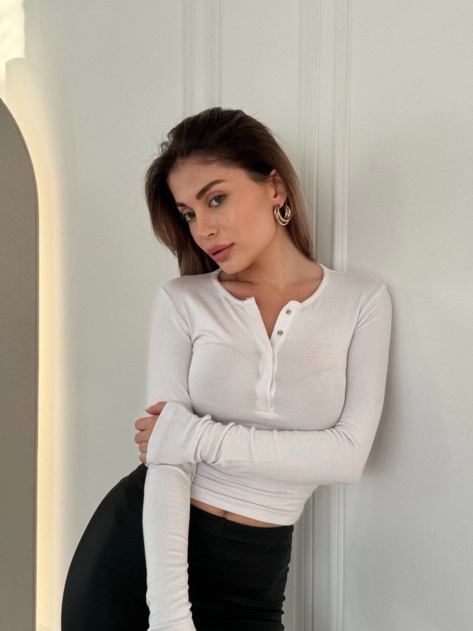 Venlora Cıt Cıt Detaylı Uzun Kollu Crop - Beyaz