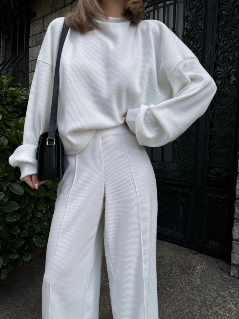 Venlora Crop, Pantolon Fitilli İkili Takım -Beyaz