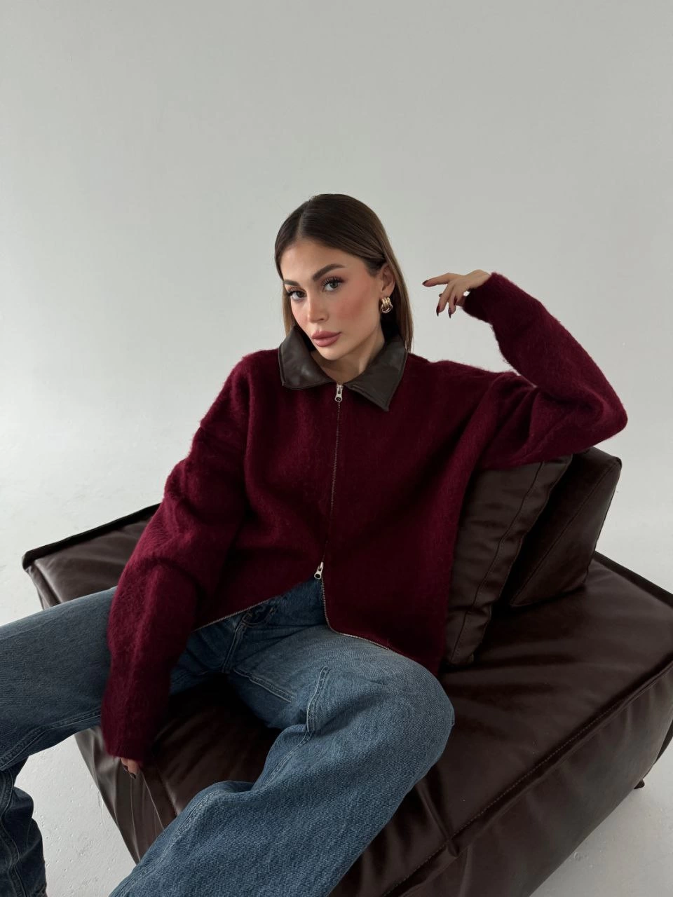 Venlora Deri Yakalı Pamuk dokulu Çift Taraflı Çalışan Fermuar Ceket - Bordo