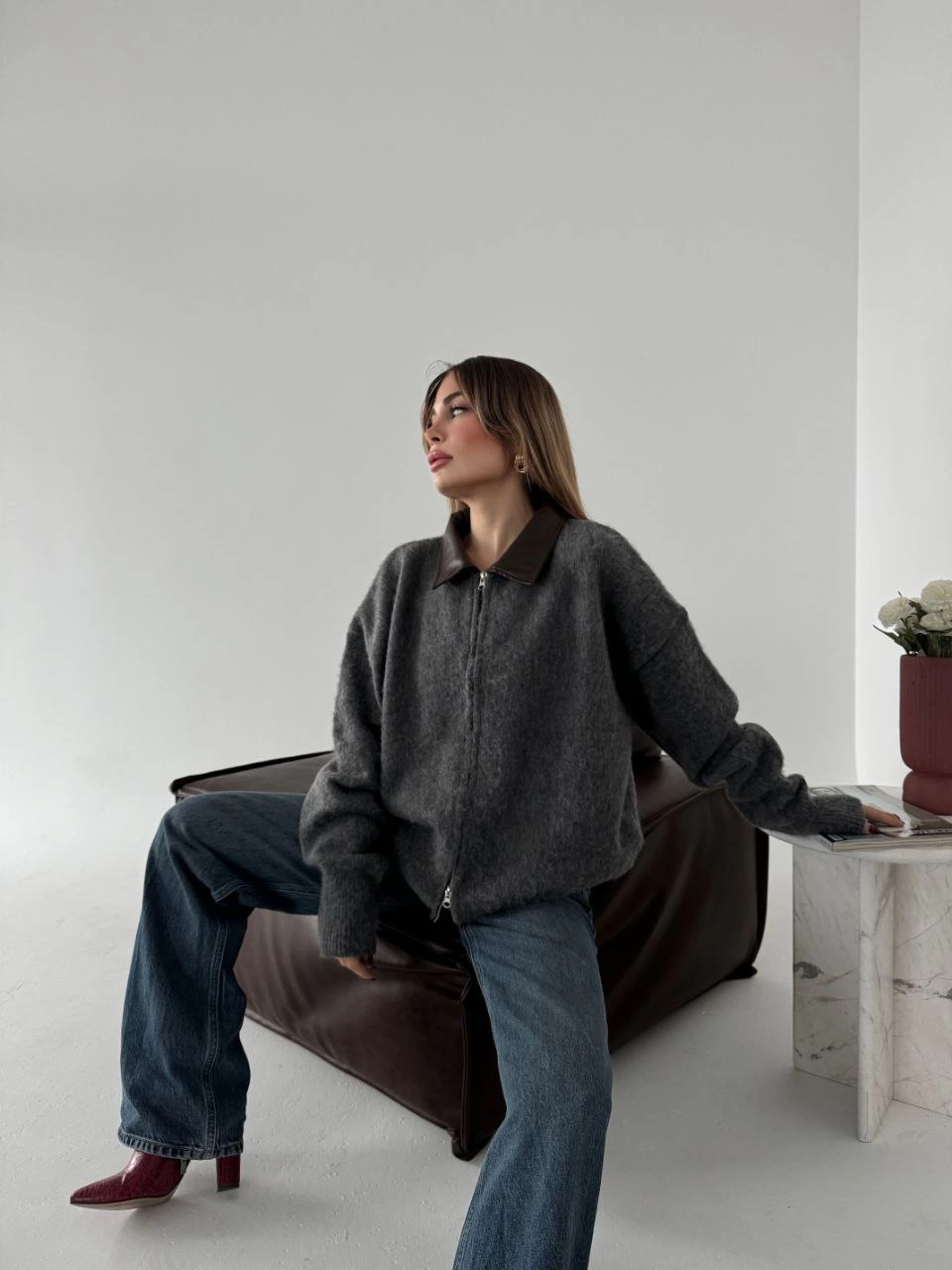 Venlora Deri Yakalı Pamuk dokulu Çift Taraflı Çalışan Fermuar Ceket - Füme