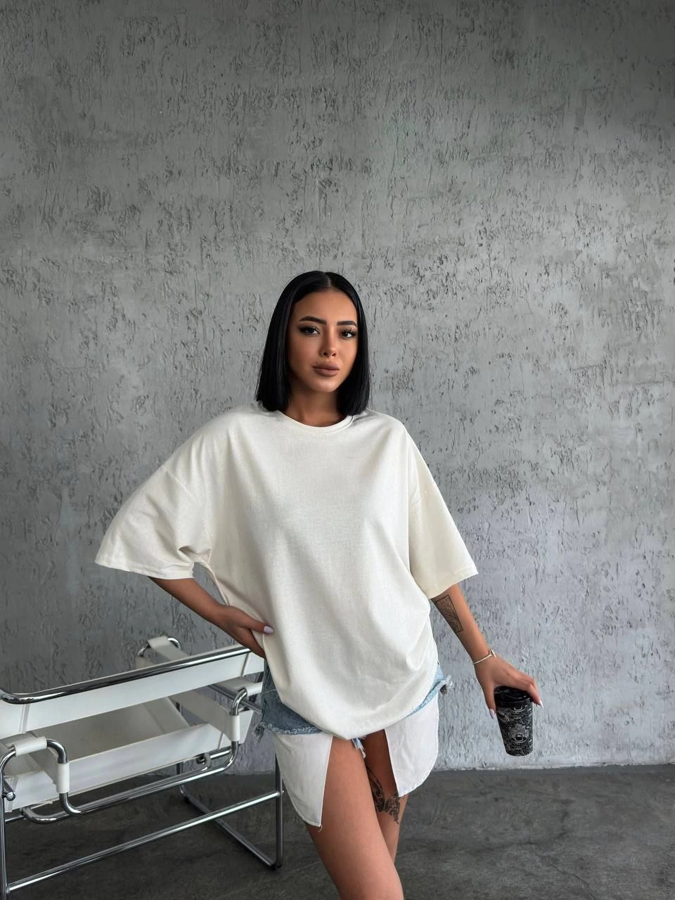 Unisex Düz Biskilet Yaka Oversize T-shirt - Beyaz