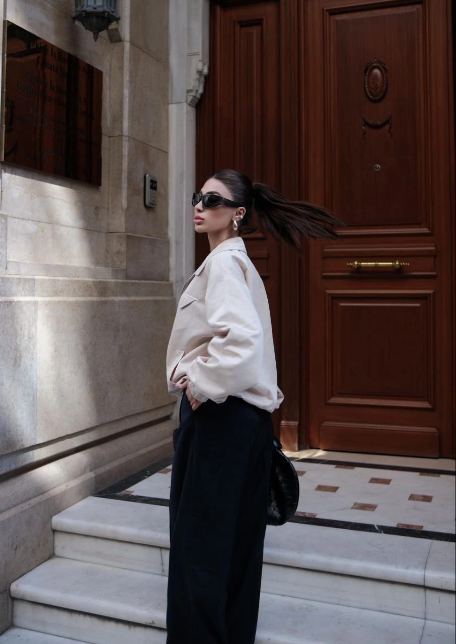 Venlora Fermuarlı Gömlek Yaka Bomber Ceket - Beyaz