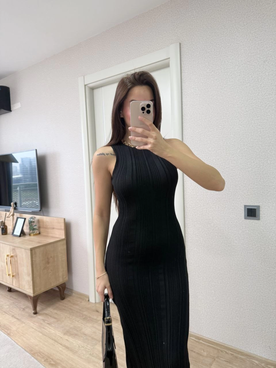 Venlora Fitilli Triko Elbise Kolsuz Sırtı Kapalı Maxi Uzun Boy - Siyah