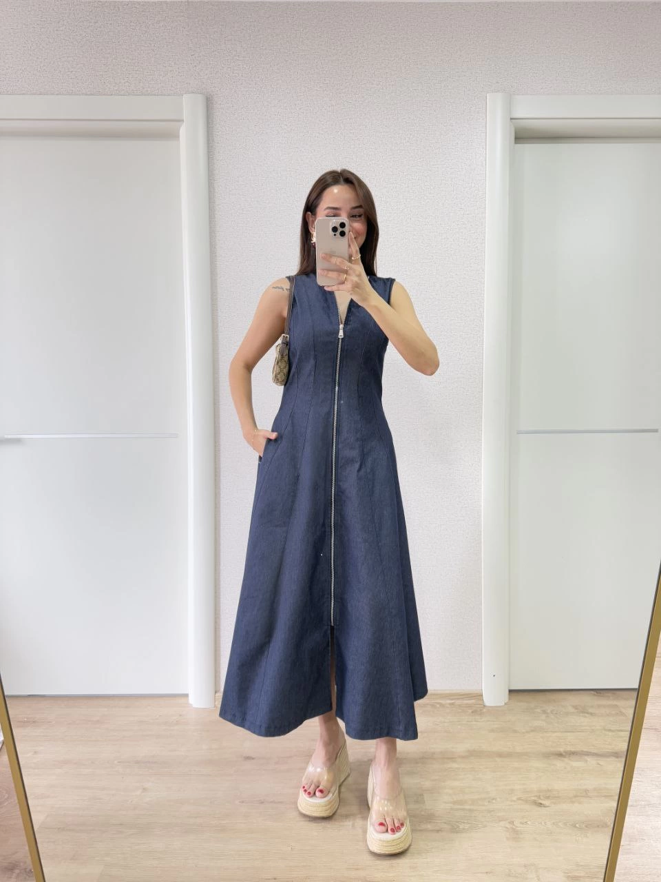 Venlora Jeans Kot Önü Tam Fermuarlı Kadın Uzun Elbise - Mavi