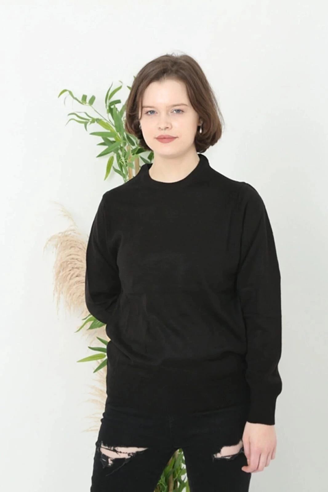 Venlora Kadın Bisiklet Yaka Düz Kazak - Siyah