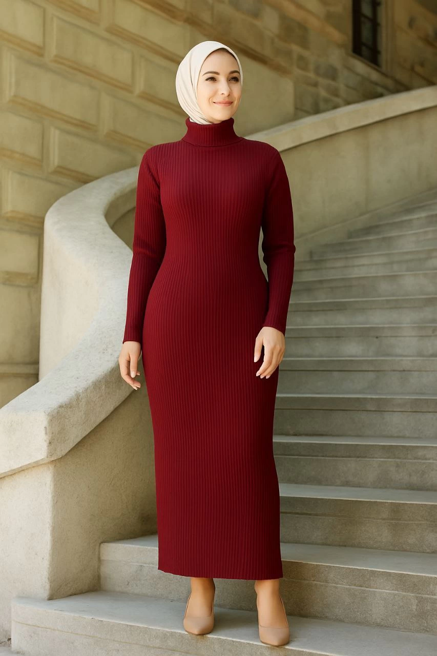 Venlora Kadın Boğazlı Uzun Fitilli Tesettüre Uygun Triko Dokuma Elbise - Bordo