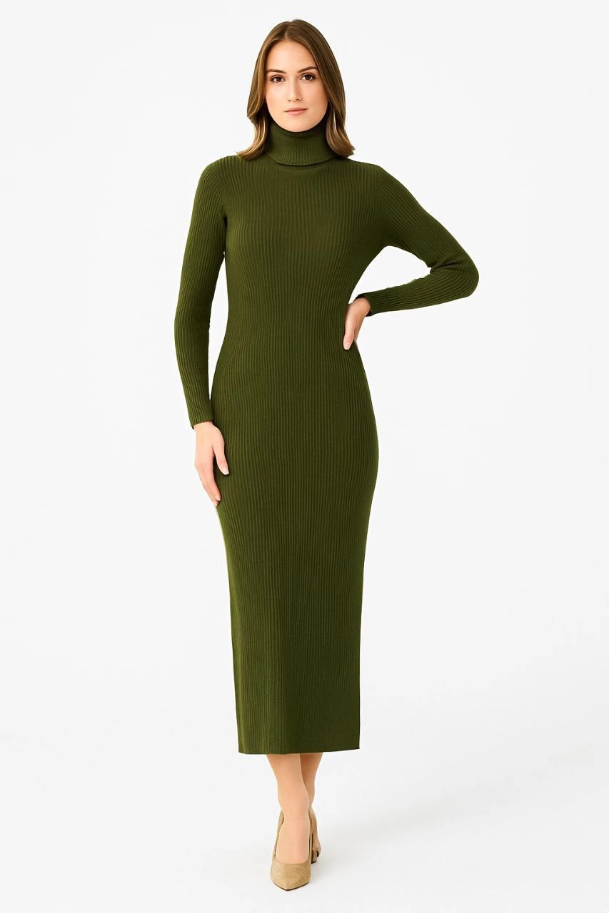 Venlora Kadın Boğazlı Uzun Fitilli Triko Dokuma Elbise - Haki