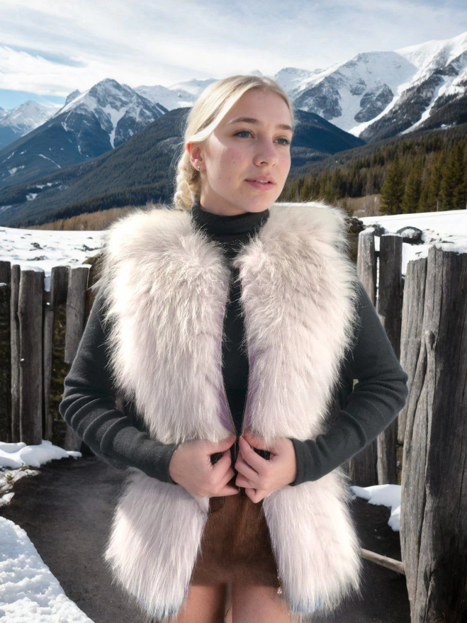 Venlora Kadın Fermuarlı Koyun Derisi Tilki Kürkü - Beyaz