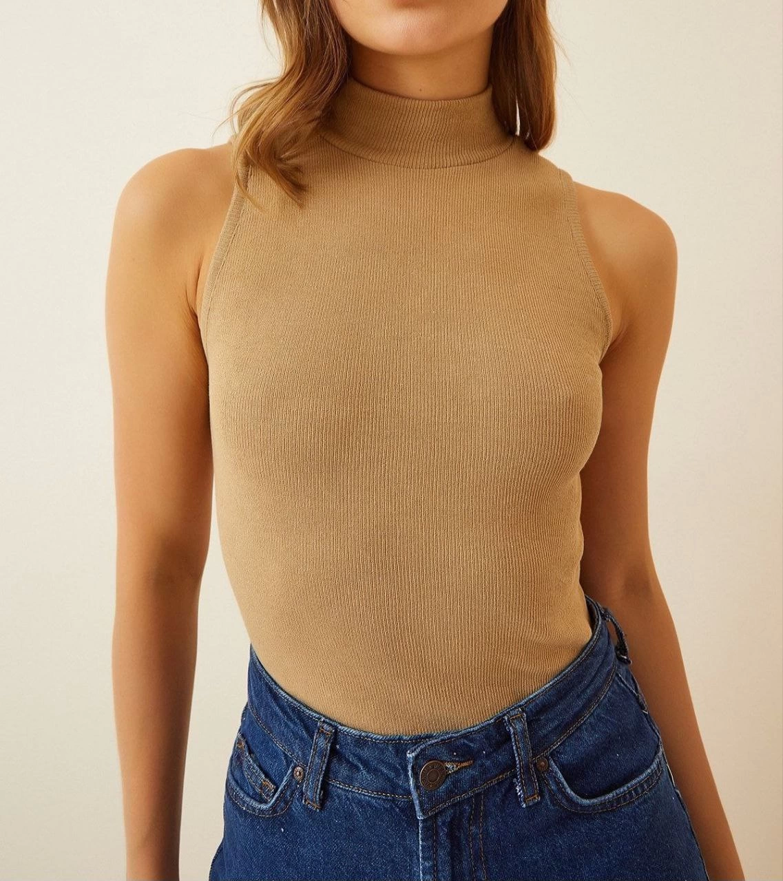 Venlora Kadın Full Likralı Fitilli Kaşkorse Body - Camel