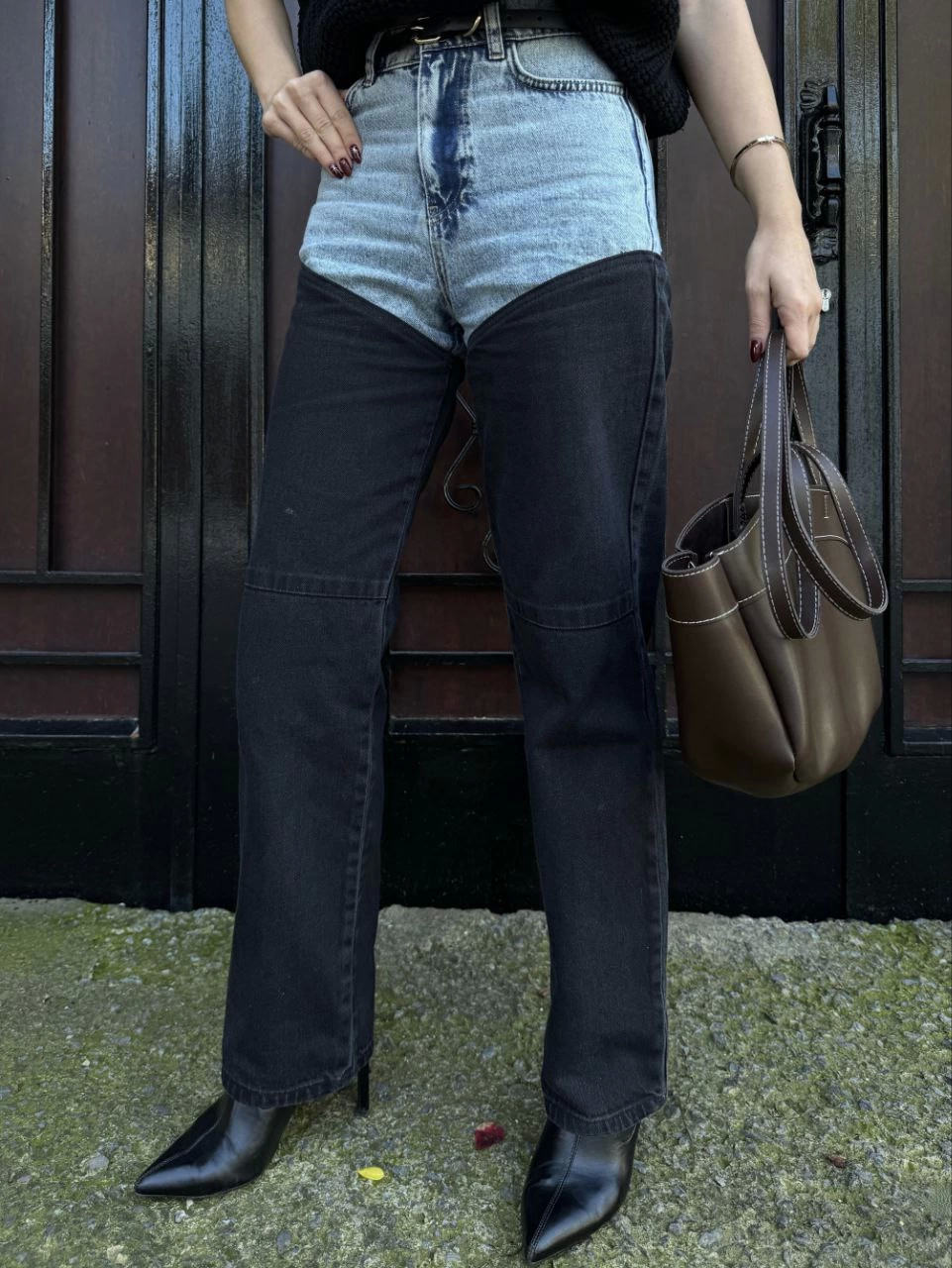 Venlora Kadın Jeans Kot Parçalı Palazzo Pantolon - Siyah