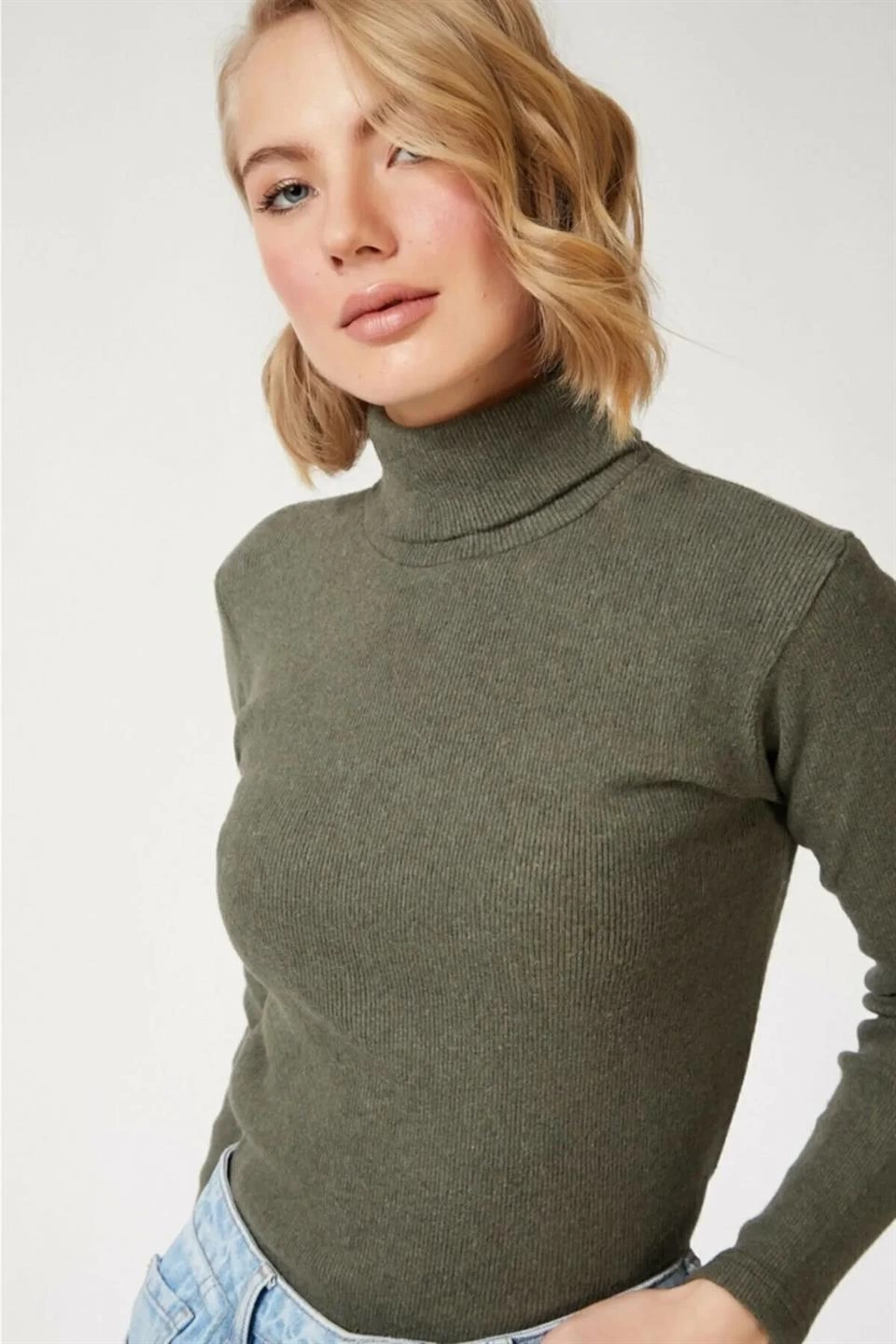 Venlora Kadın Kaşkorse Boğazlı Full Likralı Fitilli Body Kazak - Haki