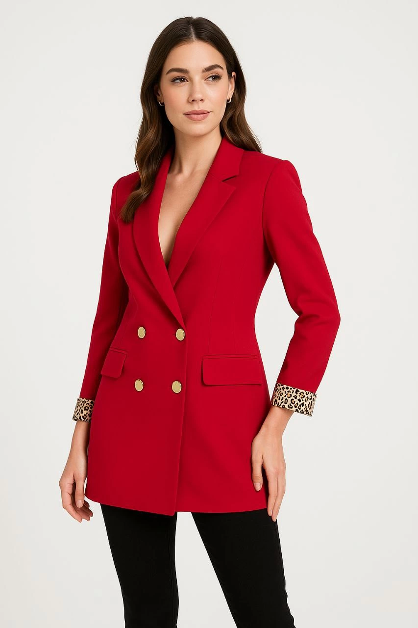 Venlora Kadın Kırmızı Kırlangıç Yaka Altın Düğmeli Blazer Leopar Manşetli Ceket- Kırmızı