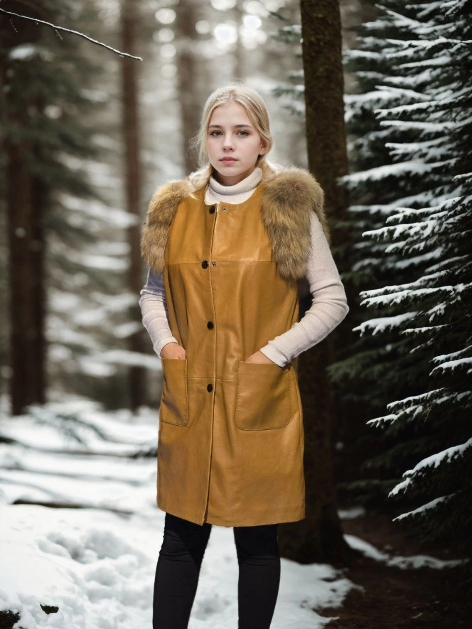 Venlora Kadın Kolsuz Hakiki Deri Kürk - Hardal