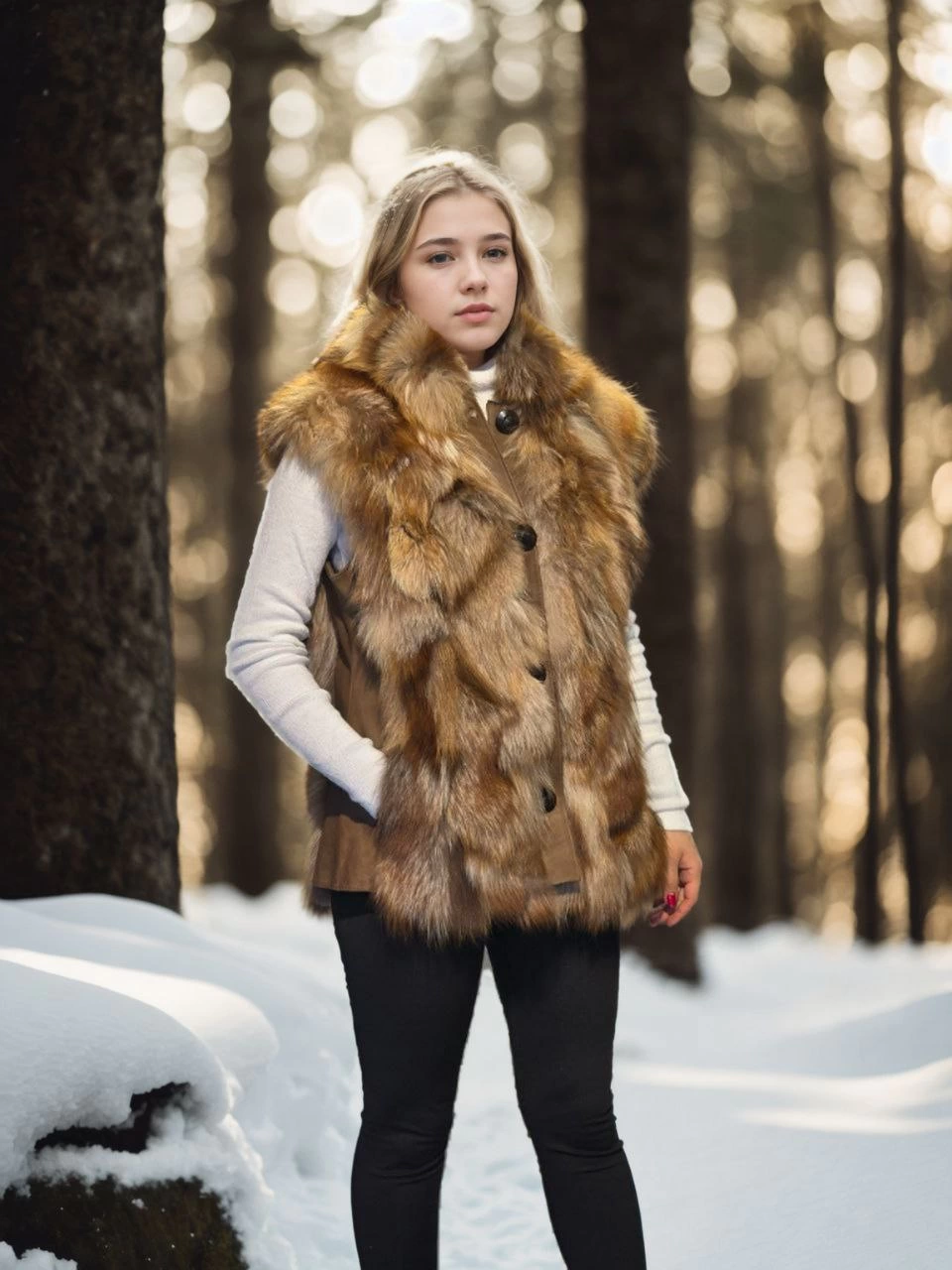 Venlora Kadın Kolsuz Hakiki Deri Kürk - Kahve