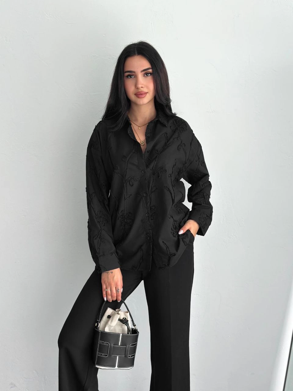 Venlora Kadın Nakışlı Uzun Kollu Gömlek - Siyah