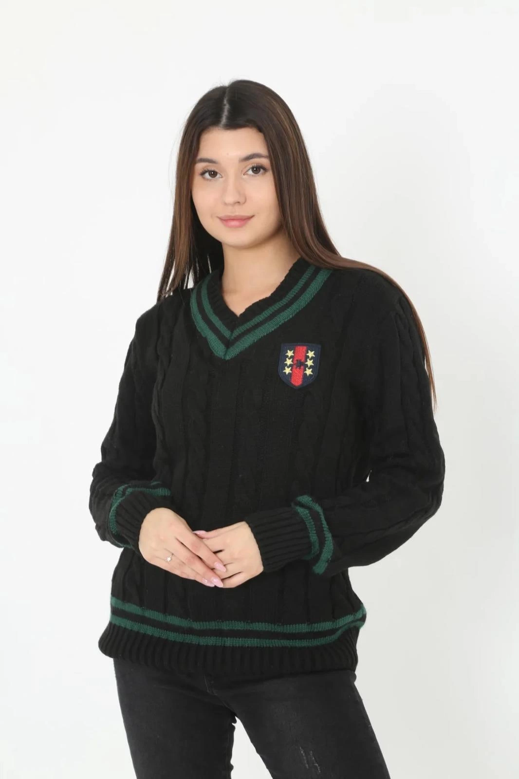 Venlora Kadın V Yaka Örgülü Kazak - Siyah