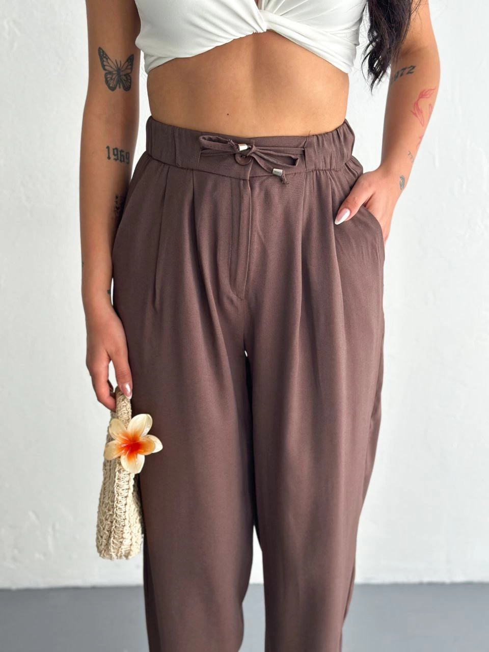 Venlora Kadın Yüksel Bel Rahat Boru Paça Pantalon - Kahverengi