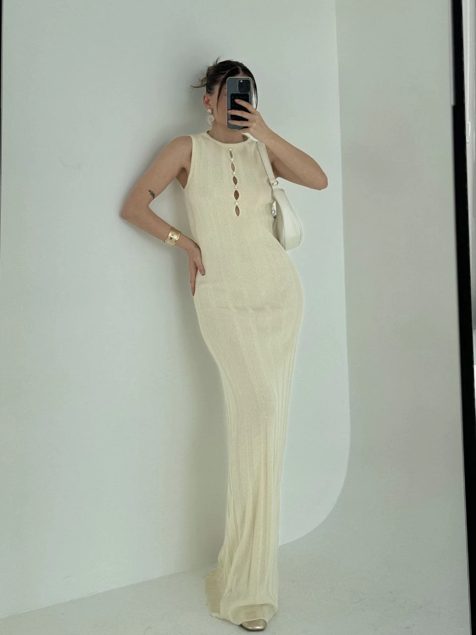 Venlora Kalın Fitilli Uzun Triko Elbise - Kırık Beyaz