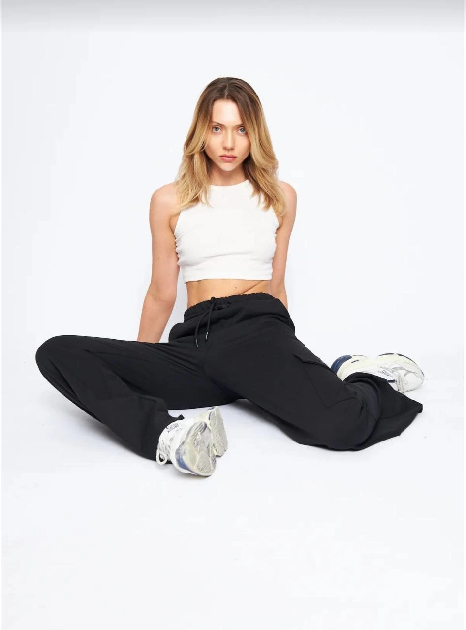 Venlora Kargo Cepli Palazzo Oversize Kesim İki iplik Bol Paça Eşofman Altı Pantalon - Siyah