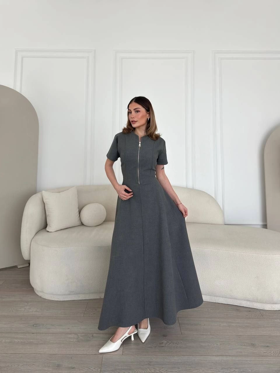 Venlora Kısa Kollu Önden Fermuarlı Çan Etekli Uzun Elbise - Antrasit