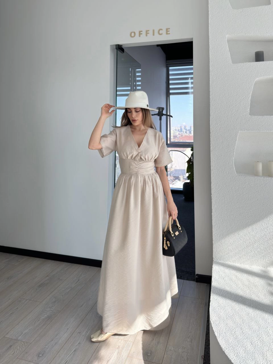 Venlora Kısa Kollu Uzun Elbise - Kırık Beyaz