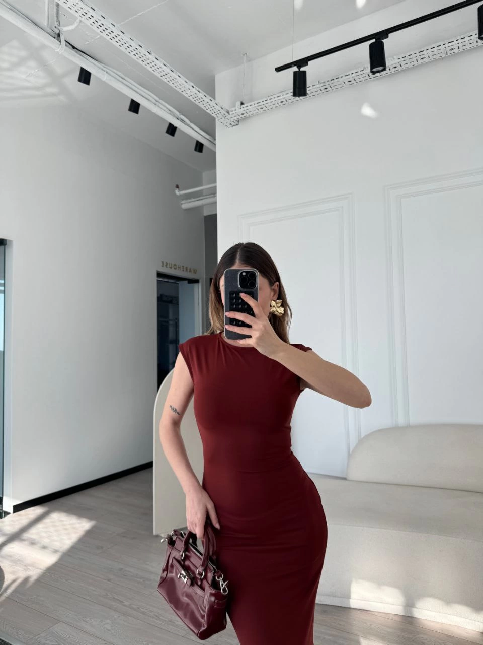 Venlora Kolsuz Uzun Likralı Elbise - Bordo