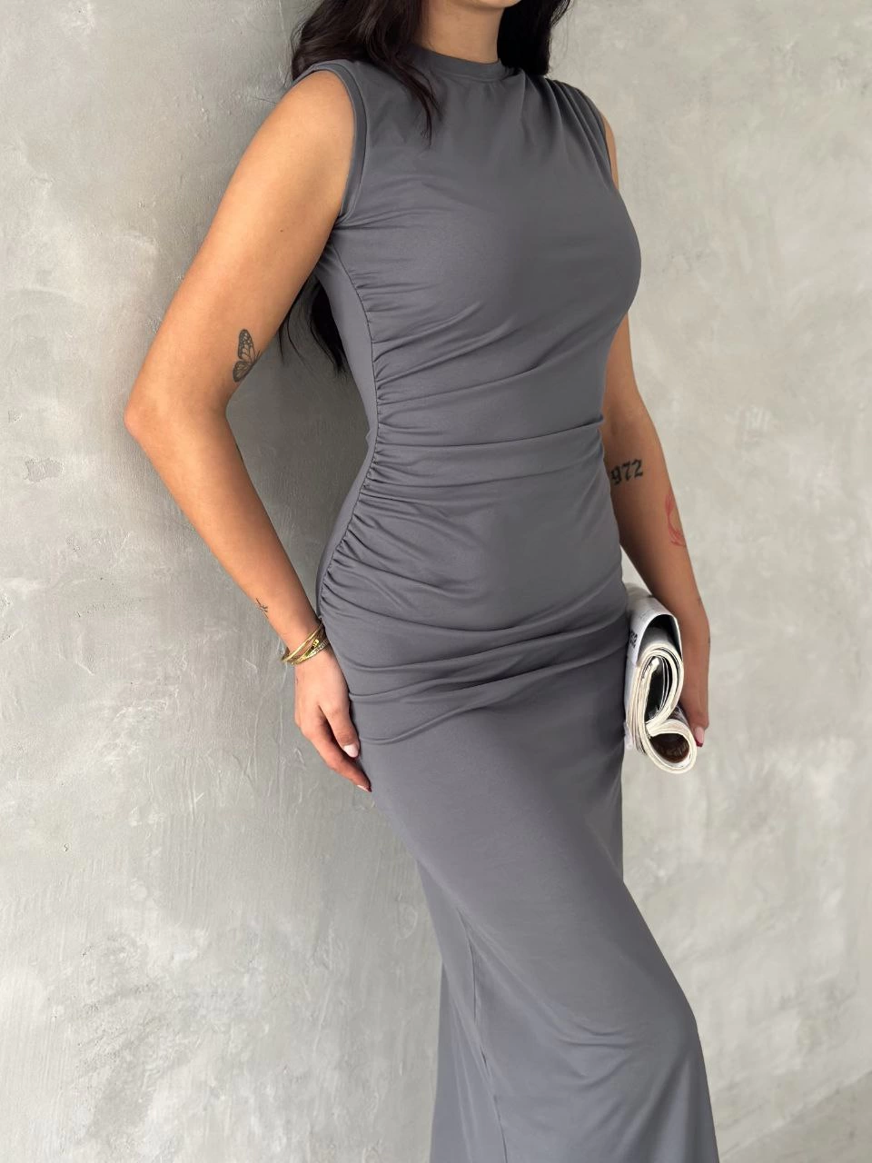 Venlora Kolsuz Yırtmaçlı Uzun maxı boy Elbise - Gri