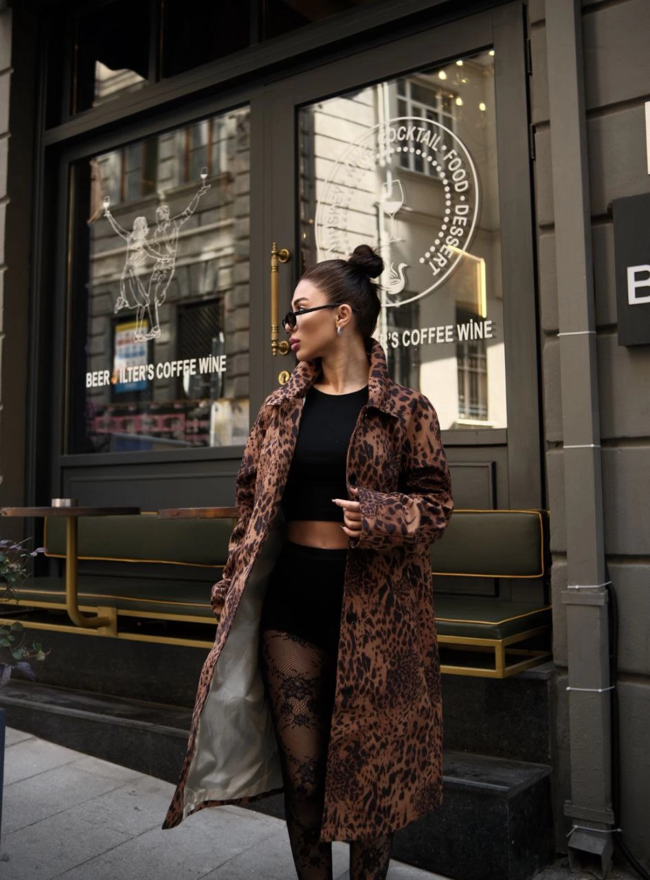 Venlora Leopar Desenli Trençkot Ceket Mont - Leopar