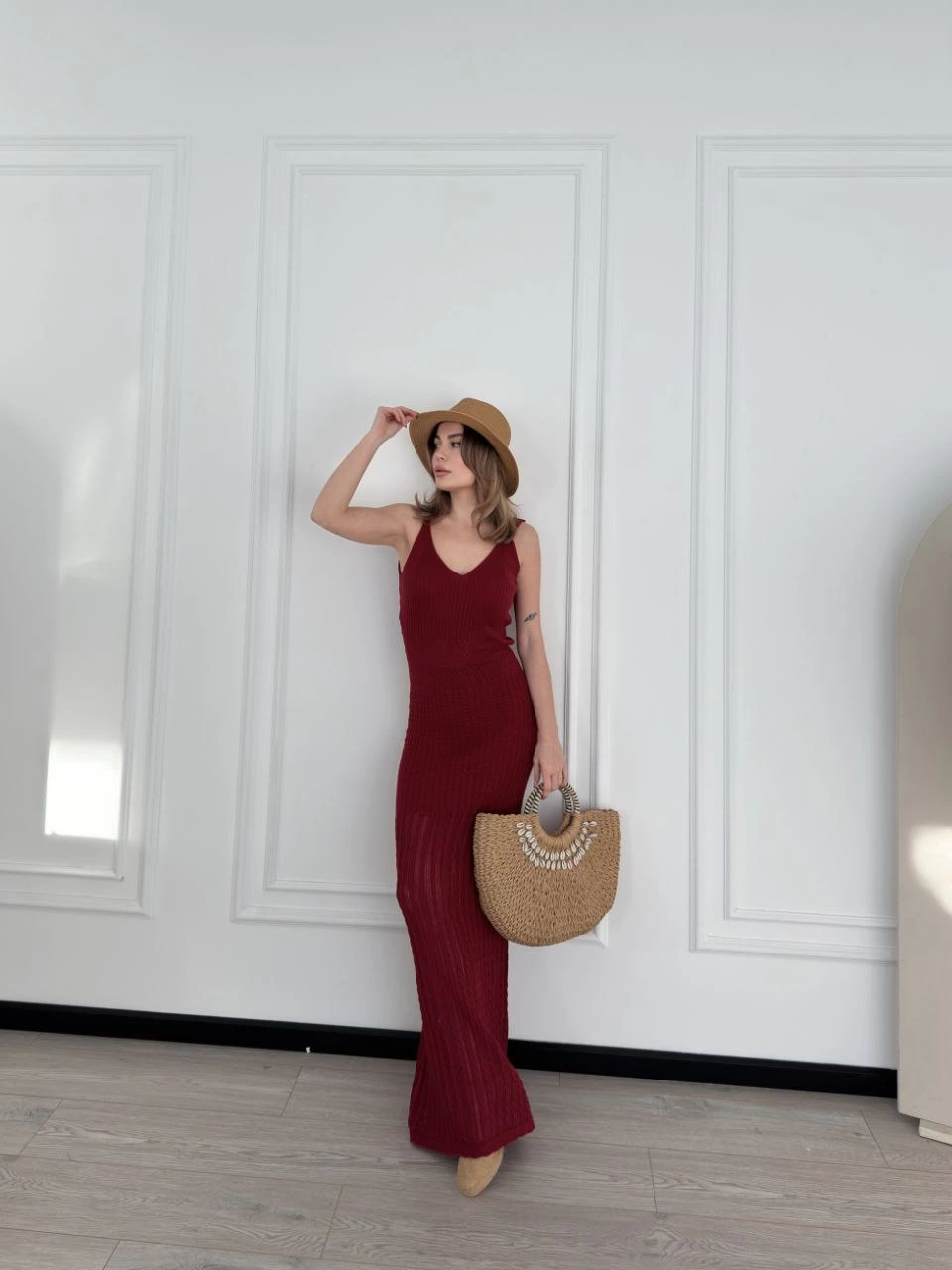 Venlora Örgülü Uzun Triko Elbise - Bordo