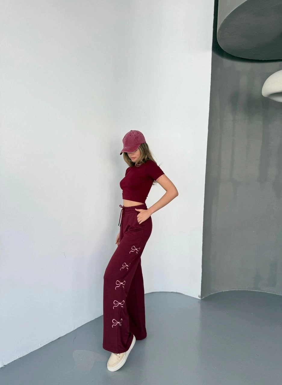 Venlora Osy Modal Yumuşak Dokulu Kumaş Nakış işlemeli Rahat Bol Paça Eşofman Pantalon - Bordo