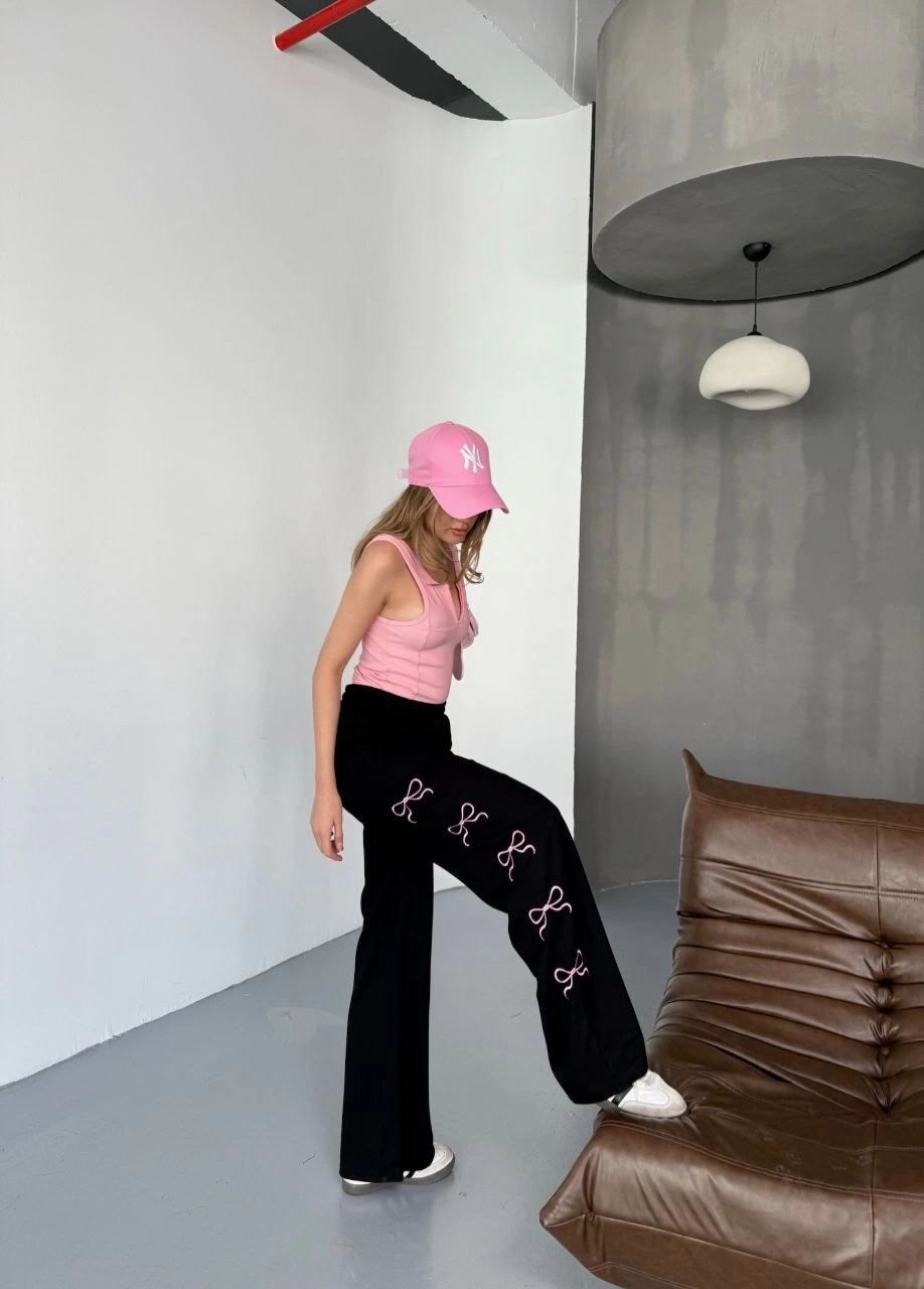 Venlora Osy Modal Yumuşak Dokulu Kumaş Nakış işlemeli Rahat Bol Paça Eşofman Pantalon - Siyah