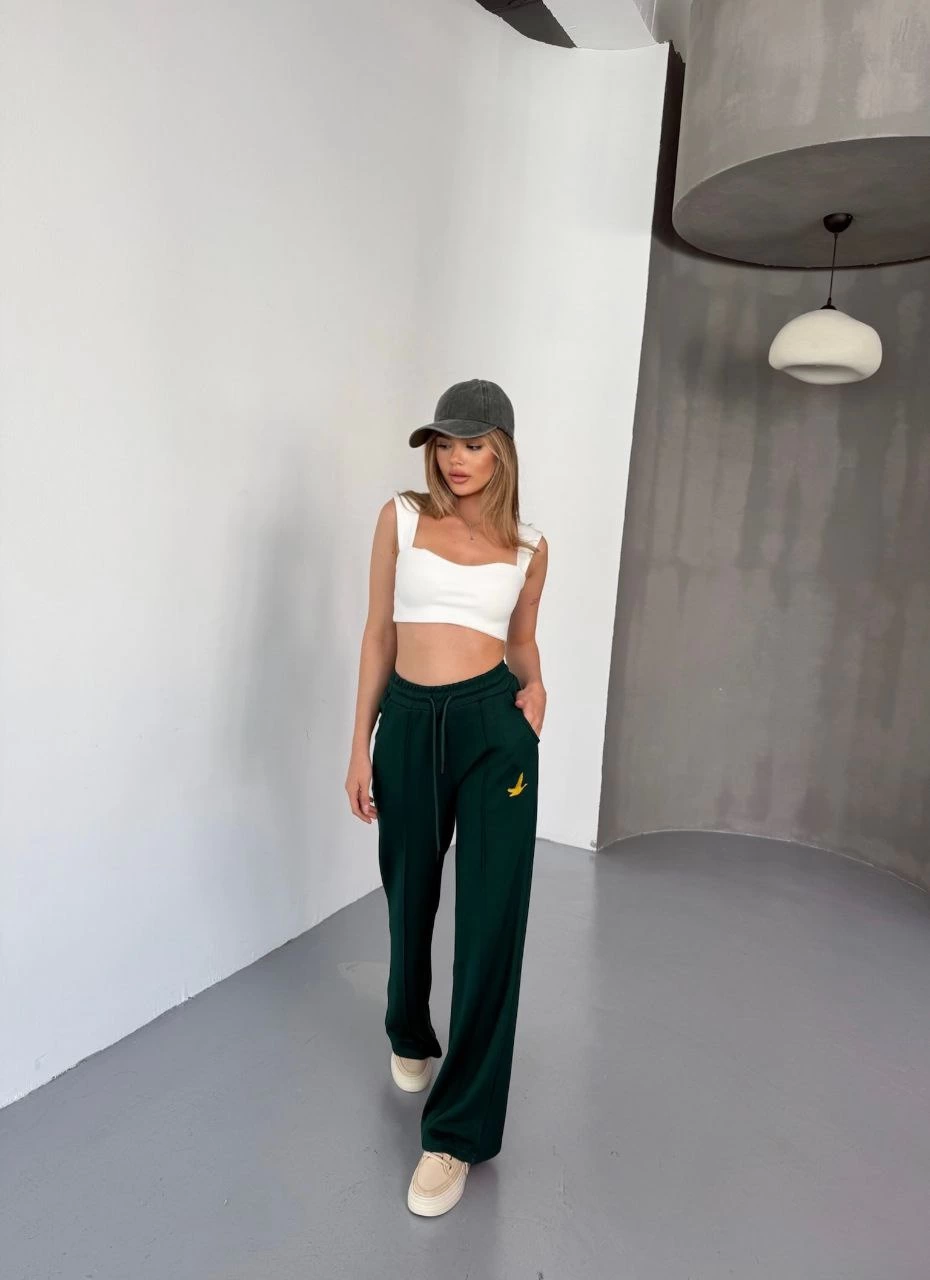 Venlora Osy Modal Yumuşak Dokulu Kumaş Nakış işlemeli Rahat Bol Paça Eşofman Pantalon - Yeşil