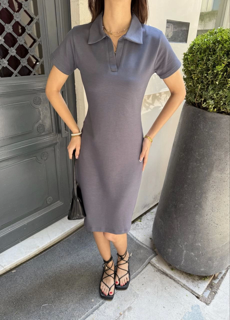 Venlora Osy Modal Yumuşak Dokulu Kumaş Yakalı Kısa Kollu Elbise - Füme