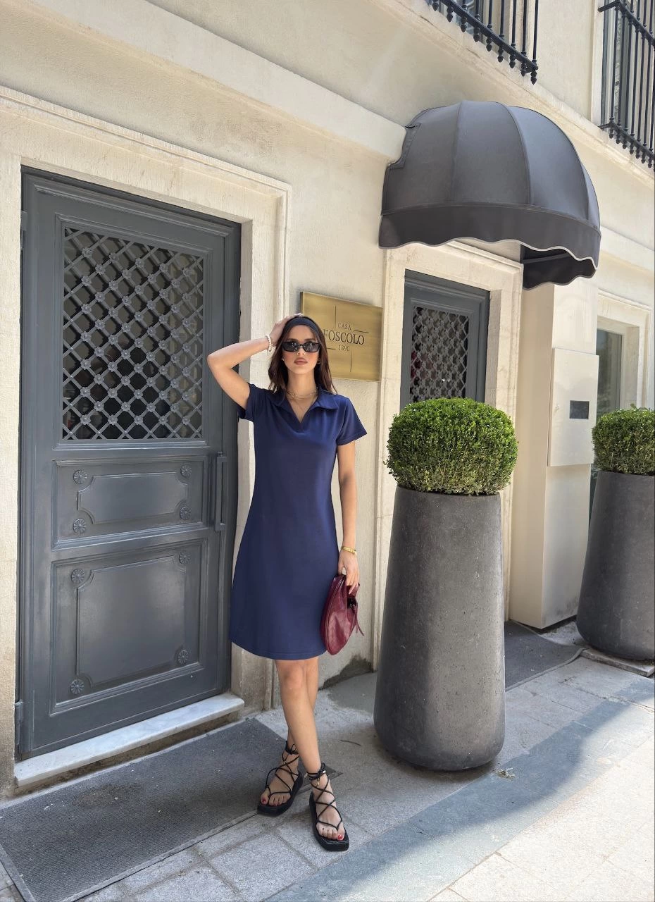 Venlora Osy Modal Yumuşak Dokulu Kumaş Yakalı Kısa Kollu Elbise - Mavi