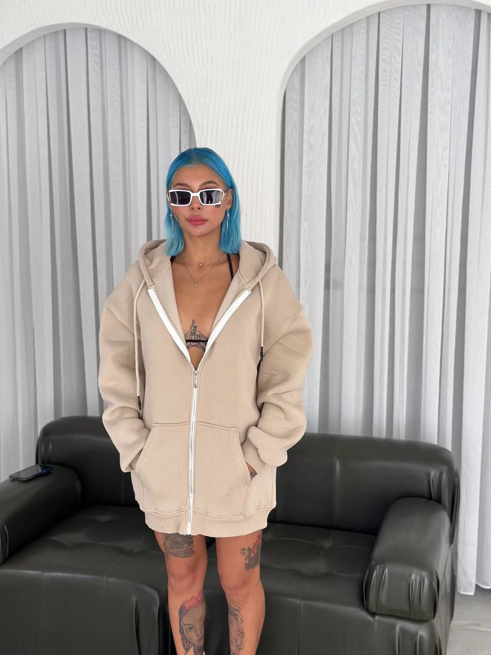 Venlora Oversize Tam Fermuarlı Uzun Kol Hırka - Bej