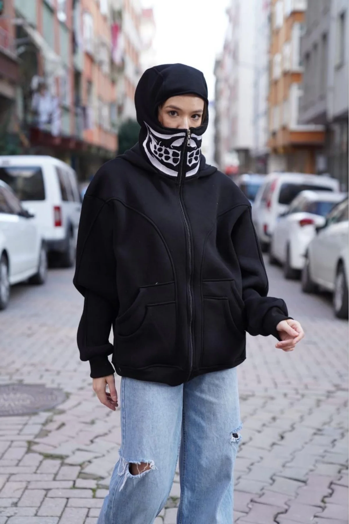 Samuray Kapşonlu ZIP Fermuarlı Çift Kapşonlu Nakışlı SweatShirt- Siyah