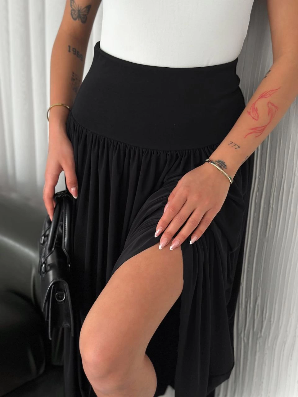 Venlora Sandy Uzun Beli Lastikli Yüksel Bel Etek Yazlık - Siyah