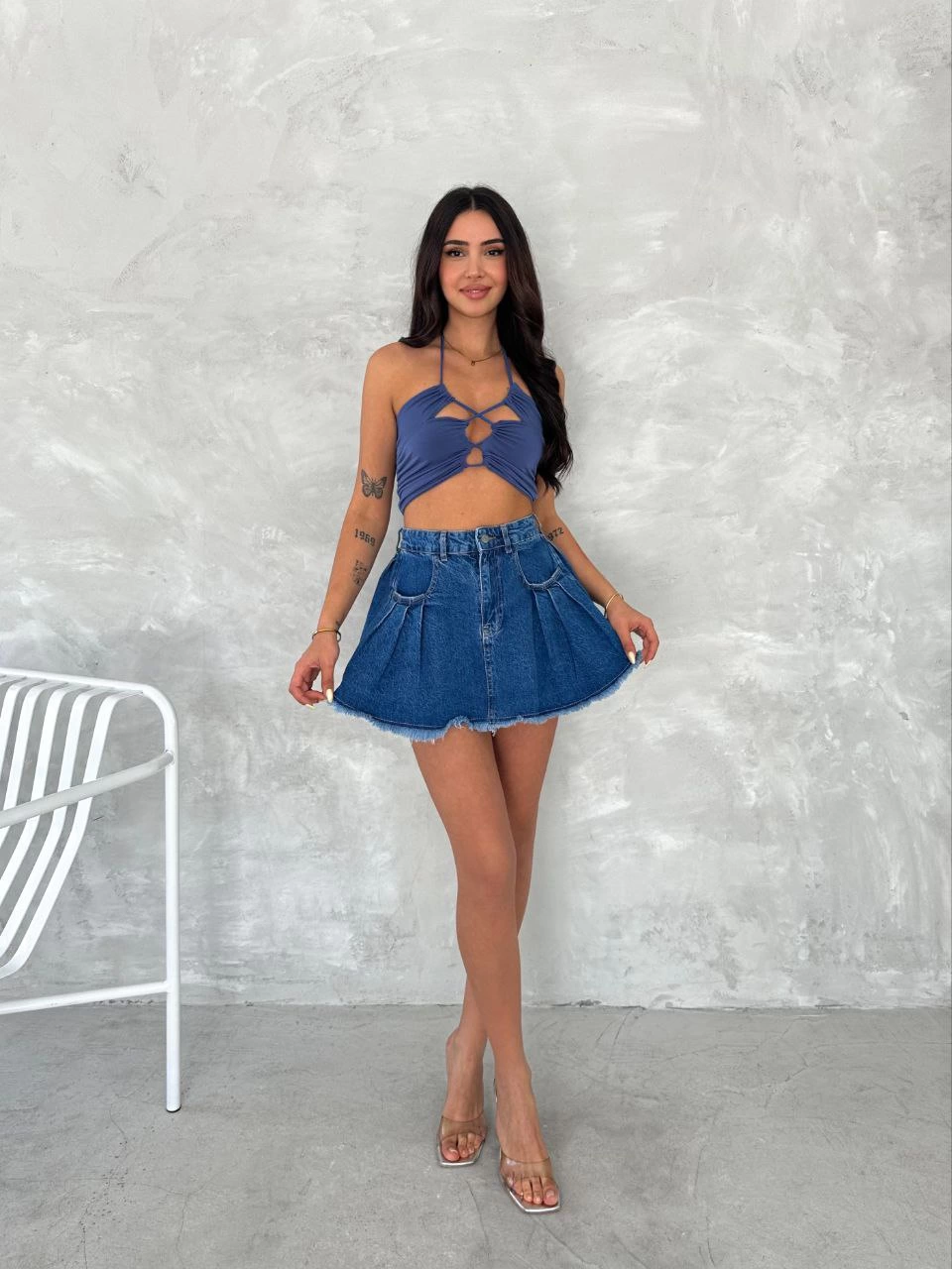 Venlora Şık Pileli Yazlık Mini Etekli Kot- Saks Mavisi