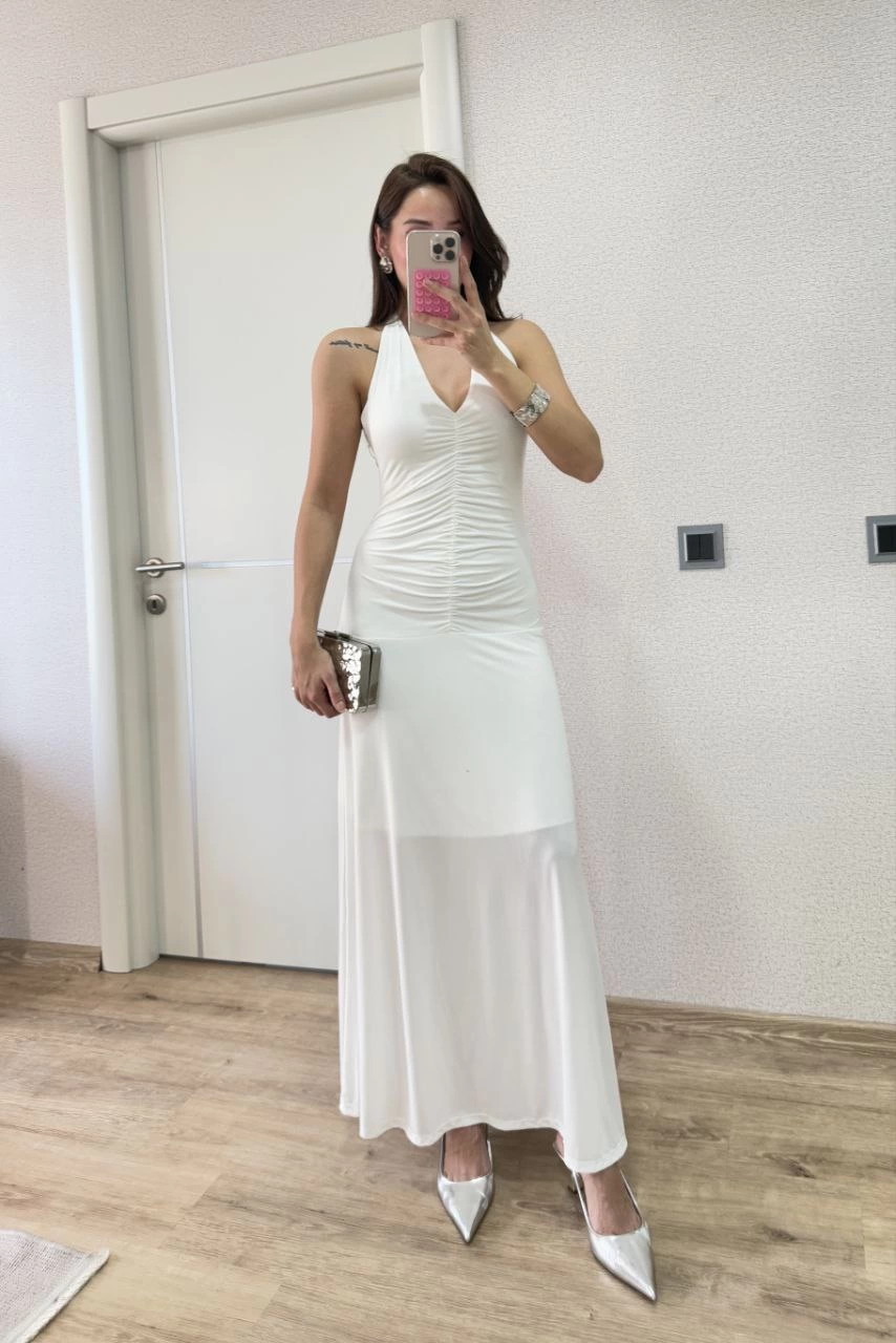 Venlora Sırt dekolteli Uzun Elbise - Beyaz