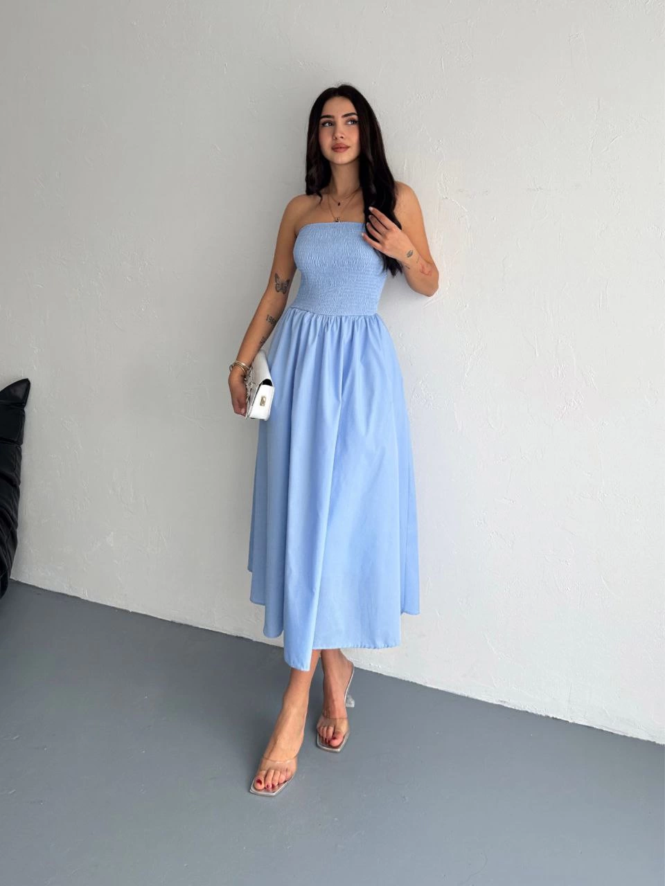 Venlora Straplez Pileli Elbise - Açık Mavi