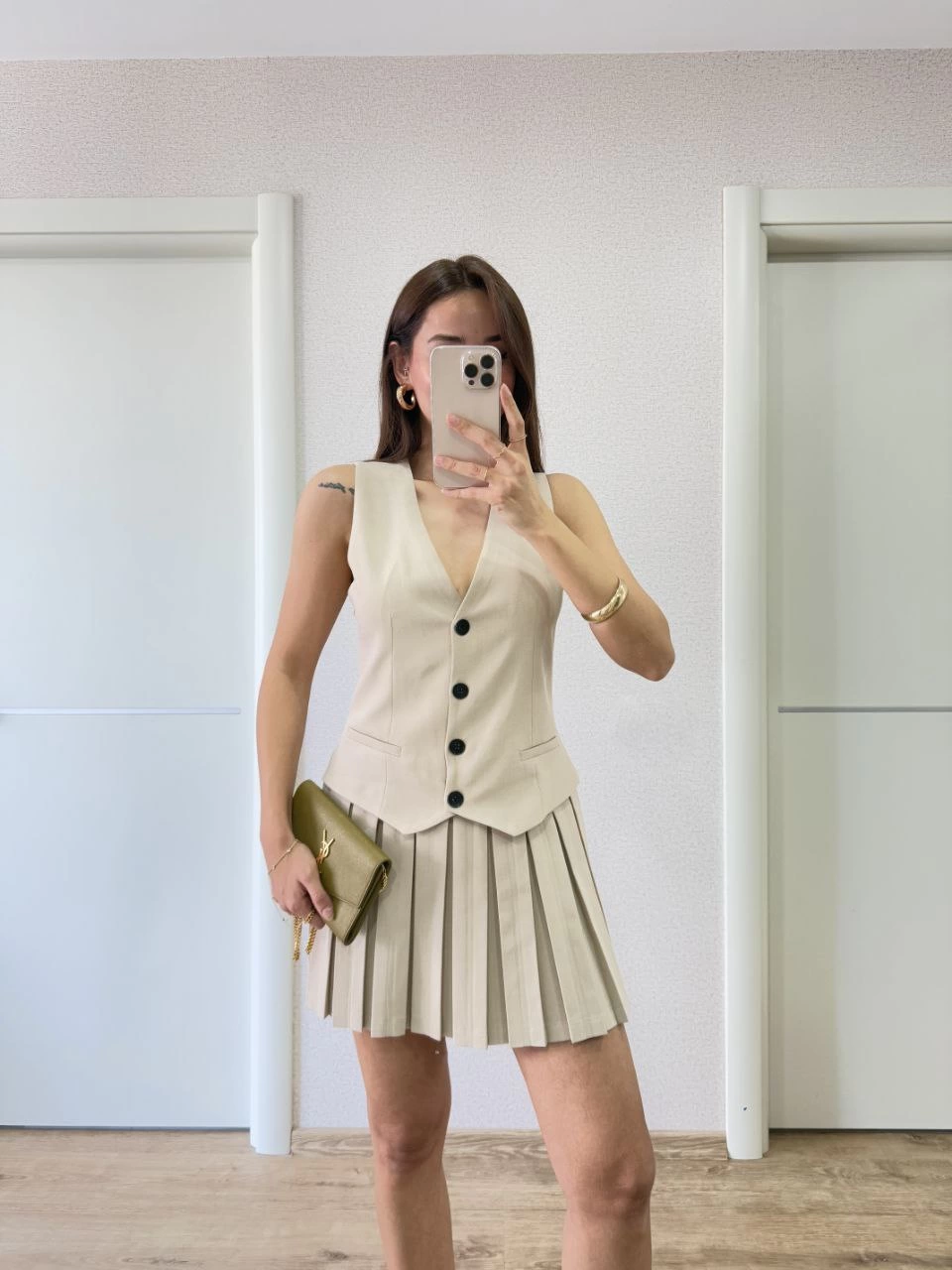 Venlora Keten Takım Görünümlü Düğme Detaylı Yelekli Mini Elbise - Bej